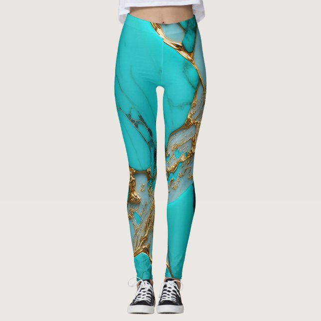 Turkos marmor med gyllene ådror leggings (Framsida)