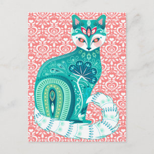 Turkos Maximalist Katt i Folklig Blomma - Rosa Pos Vykort