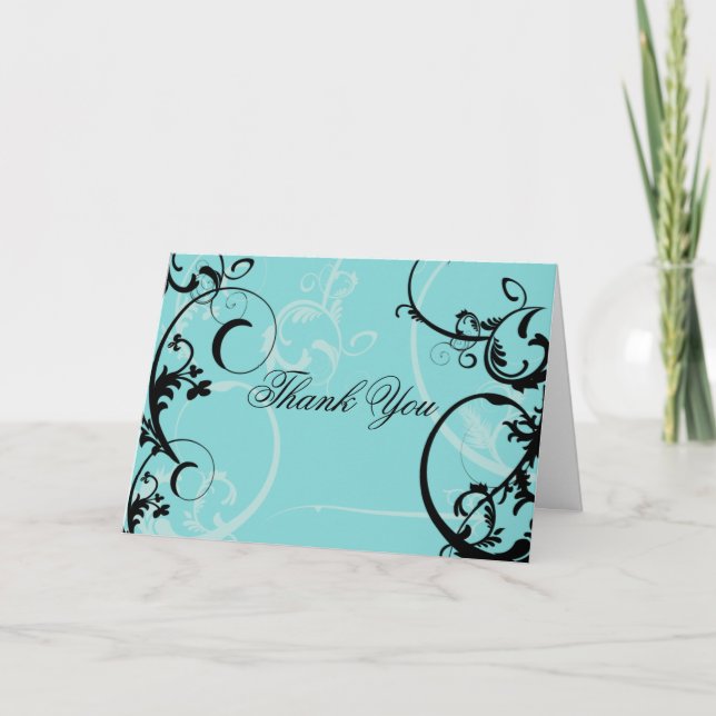 Turkos med svart swirl-blomning tack kort (Framsida)