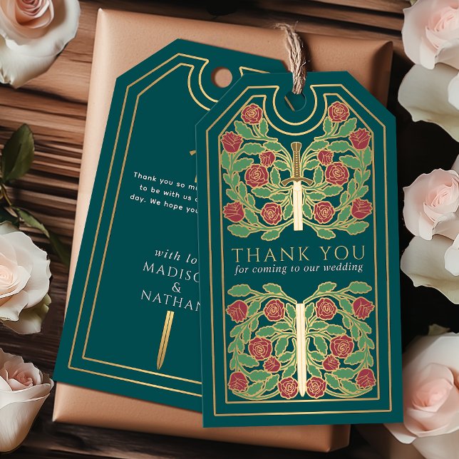 Turkos medeltida guldsvärd bröllop tack presentetikett (Skapare uppladdad)