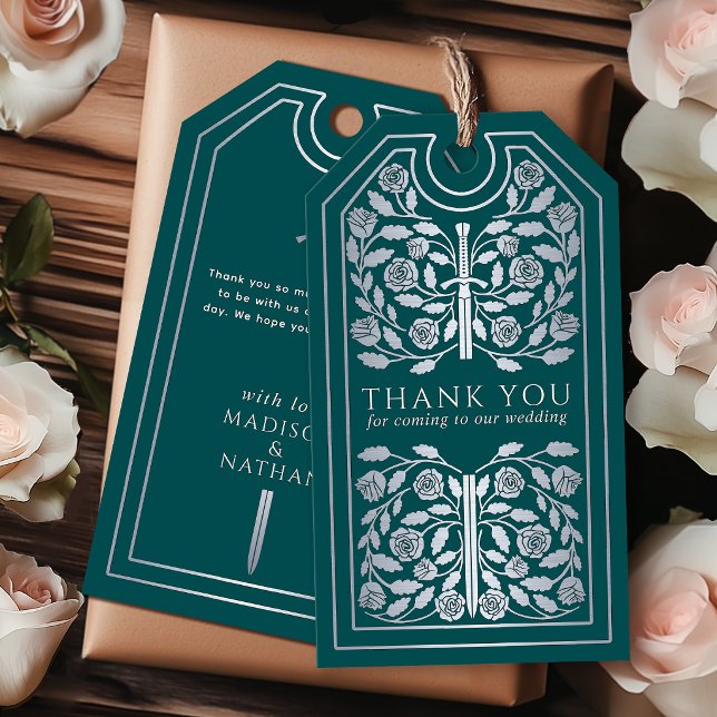 Turkos medeltida silver svärd bröllop tack presentetikett (Skapare uppladdad)