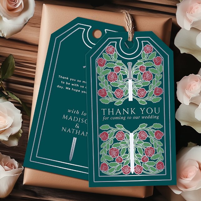 Turkos medeltida silver svärd bröllop tack presentetikett (Skapare uppladdad)