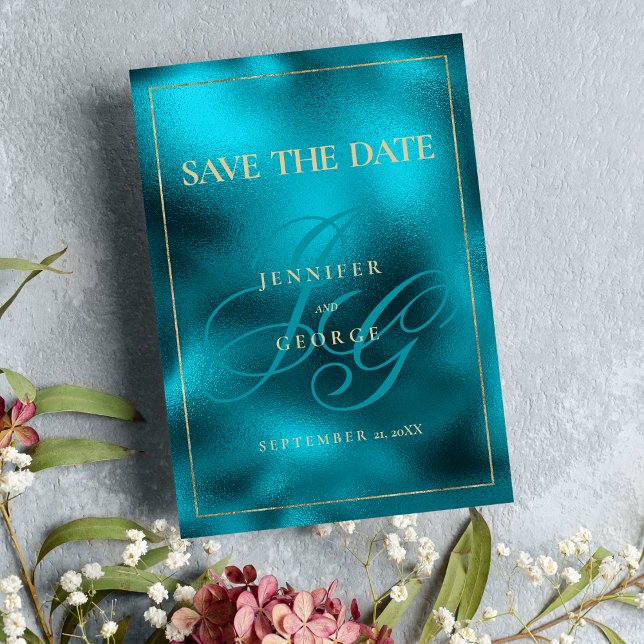Turkos- metalliskt monogram initialer Spara datum Spara Datumet (Turquoise metallic monogram initials Save The Date)
