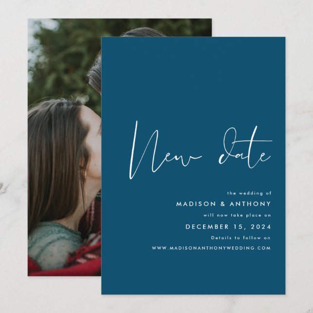 Turkos Minimalistisk Foto Ny Bröllopsdatum  Meddelande (Fram/baksida)