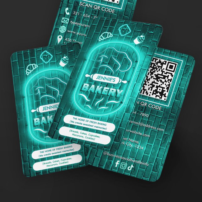 Turkos Mintgrön Neon Bageri Anpassad Logotyp Namn Visitkort (Skapare uppladdad)