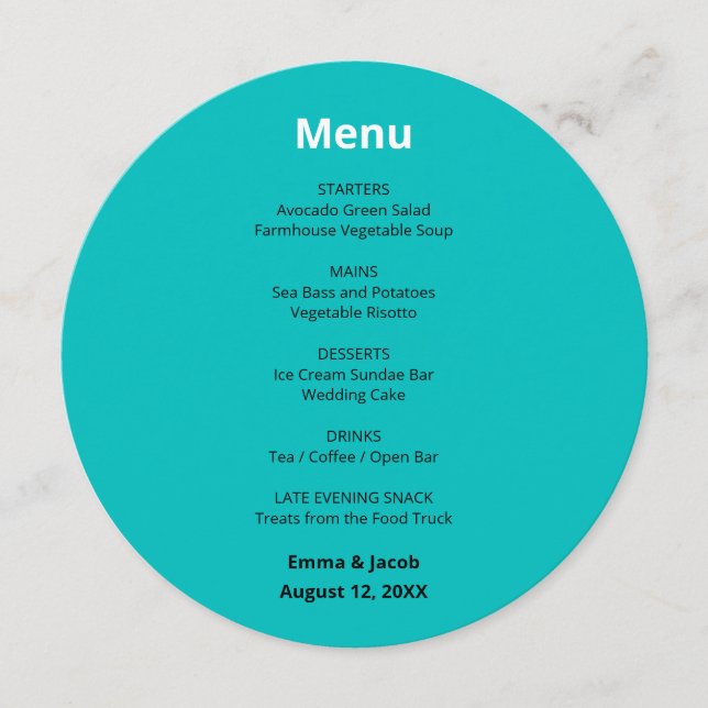 Turkos Modern Bröllops Rond Menu Meny (Framsida)