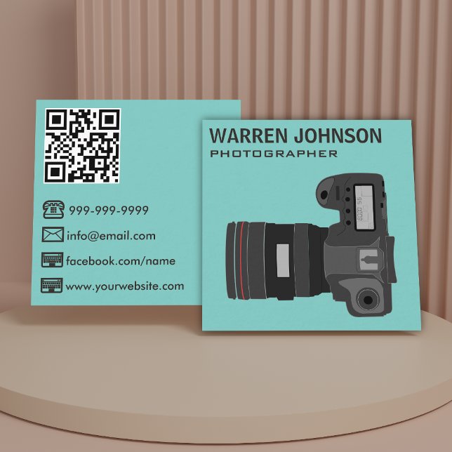 Turkos Modern Fotograf QR-kod Fyrkantigt Visitkort (Skapare uppladdad)