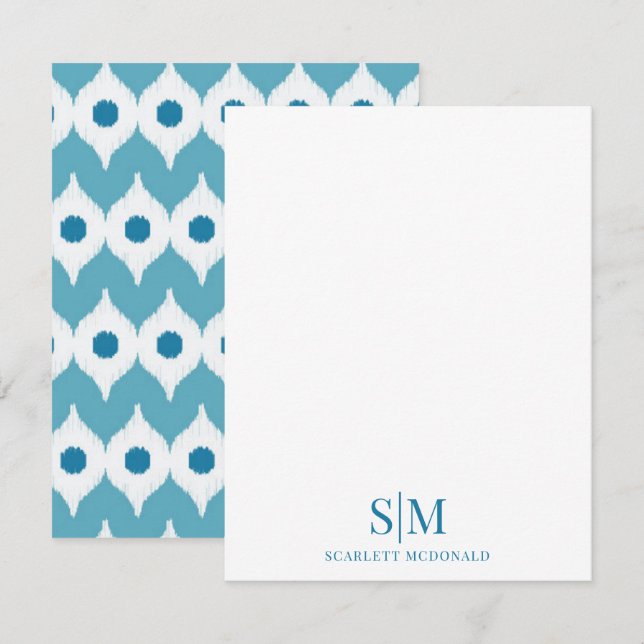 Turkos Monogram Abstrakt Retro Mönster Notkort Anteckningskort (Fram/baksida)