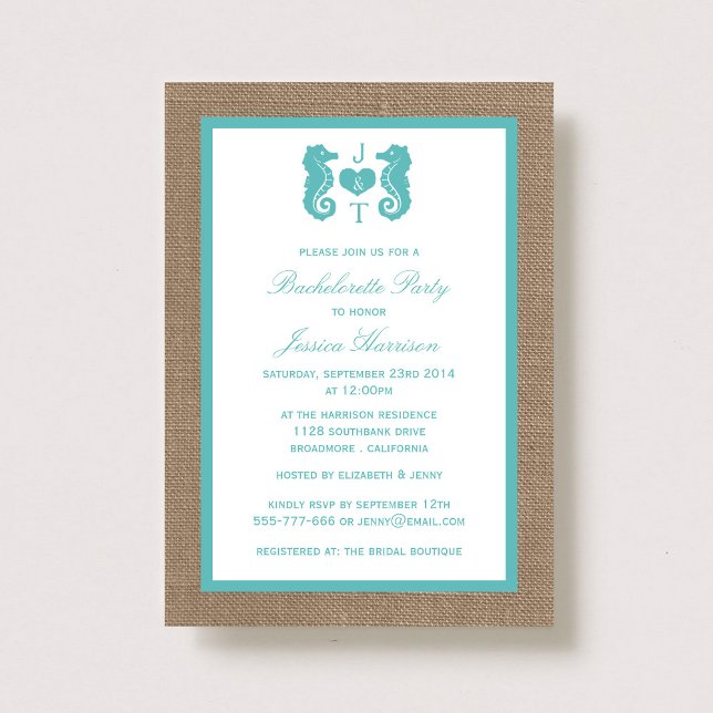 Turkos Monogram Seahorse Beach Bachelorette Inbjudningar (Skapare uppladdad)