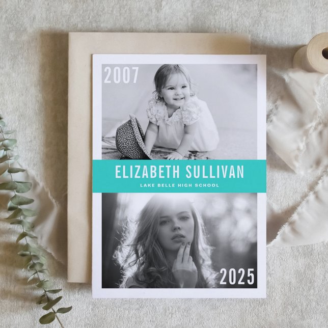 Turkos Nu och Då Fotokollage Examen Inbjudningar (Customizable 'Then and Now' Photo Graduation Invitation with blue background – Personalized Invite)