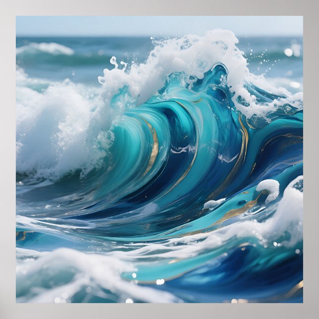 Turkos Ocean Wave Guld Virvel Poster (Framsidan)