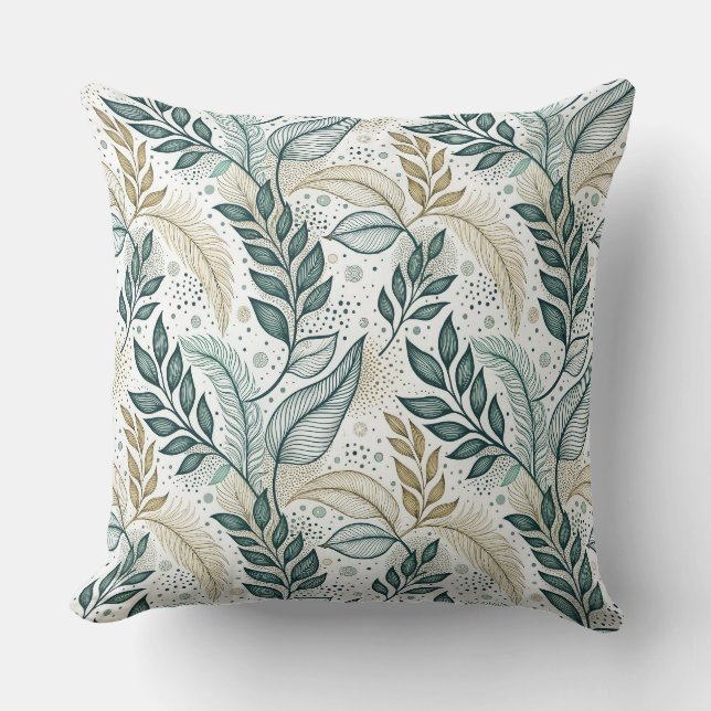 Turkos och beige elegant blad botaniskt blommönste kudde (Framsida)