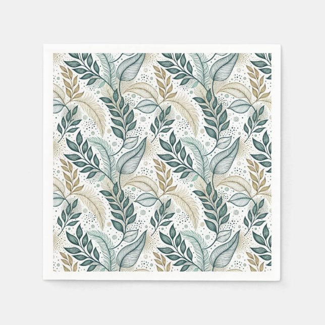 Turkos och beige elegant blad botaniskt blommönste pappersservett (Framsidan)
