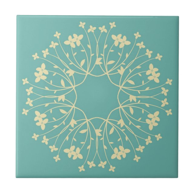 Turkos och beige elegant blomsterkrans kakelplatta (Framsidan)