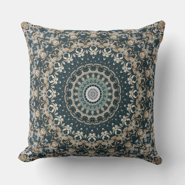 Turkos och Beige Mandala Mönsterdesign Kudde (Framsida)
