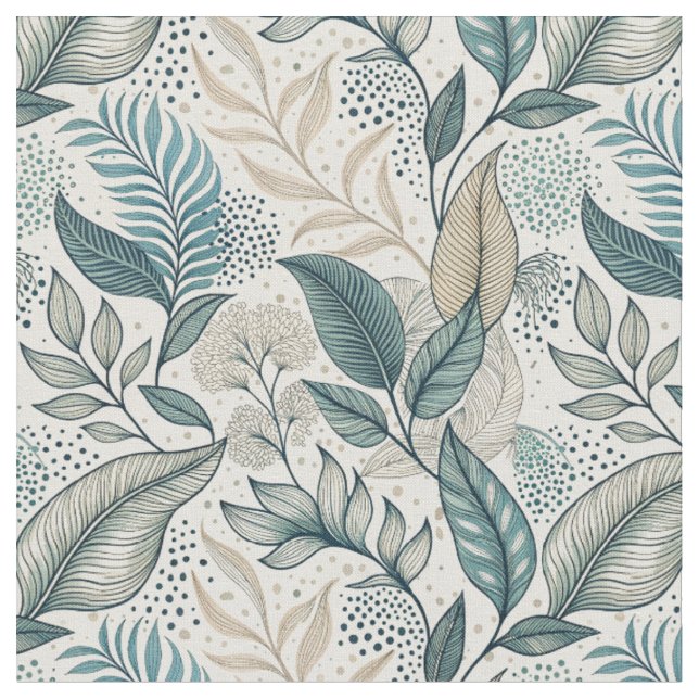 Turkos och beige minimal blad botaniskt blommönste tyg (Närbild)
