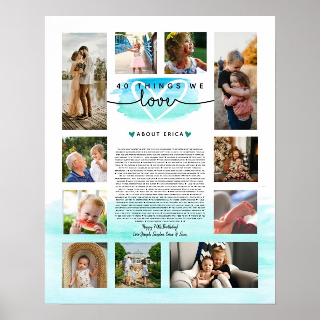 turkos och blå akvarell 40 skäl vi älskar dig poster (Framsidan)