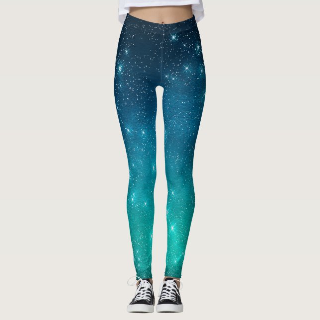 Turkos och blå gradient stjärnig himmelsk  leggings (Framsida)