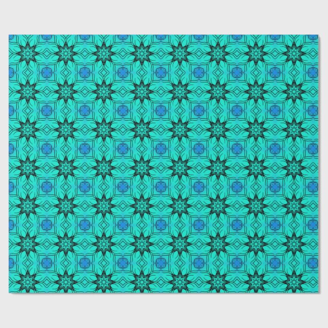 Turkos och blå Kalejdoskopisk fraktalmönster Presentpapper (Platt)