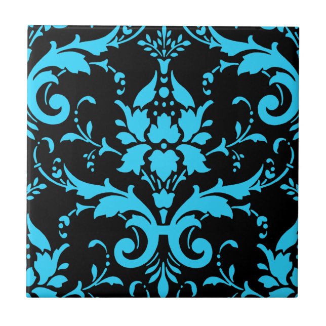 Turkos och Black Damask Matching Kitchen Kakelplatta (Framsidan)