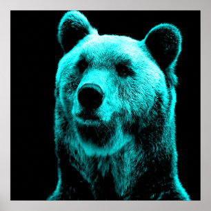 Turkos och Black Grizzly Bear Porträtt Poster