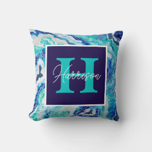 Turkos och Blue Marble Monogram Namn Beach Kudde