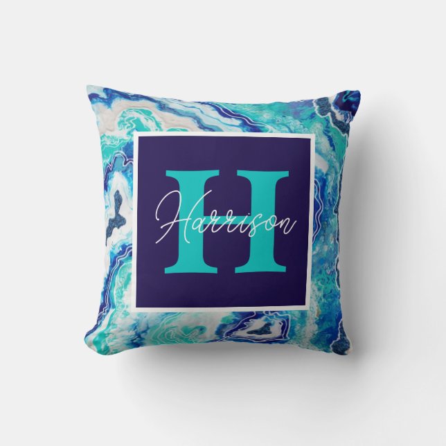 Turkos och Blue Marble Monogram Namn Beach Kudde (Framsida)