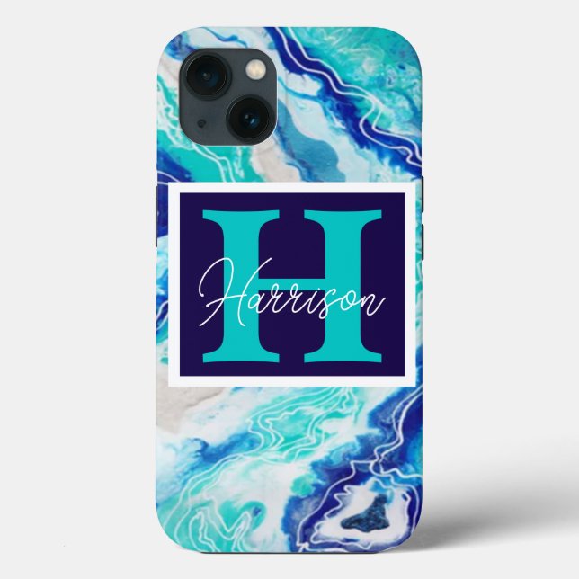 Turkos och Blue Marble Monogram Namn Beachy (Baksida)