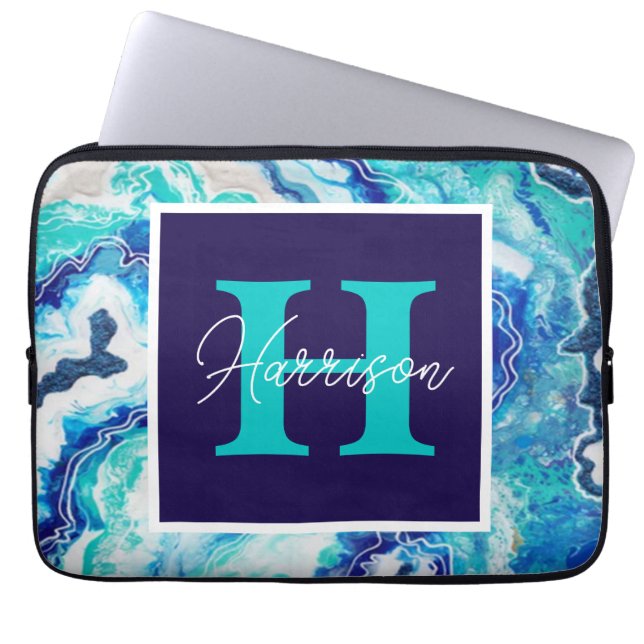 Turkos och Blue Marble Monogram Namn Beachy Laptop Fodral (Framsidan)