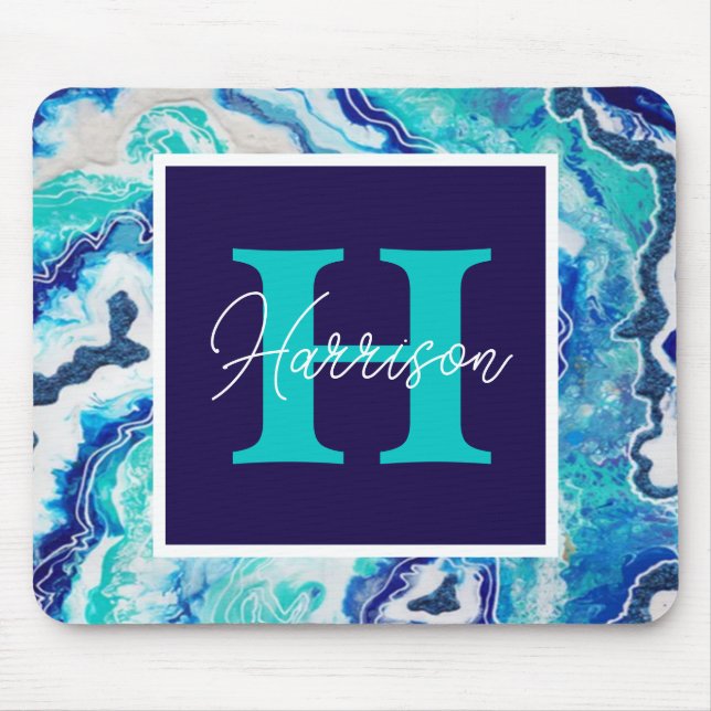 Turkos och Blue Marble Monogram Namn Musmatta (Framsidan)