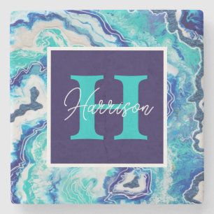 Turkos och Blue Marble Monogram Namn Trendig Stenunderlägg