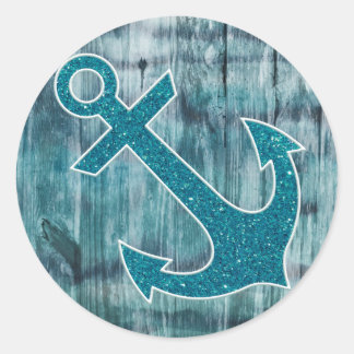 Turkos och Blue Nautical Glitter Anchor på Wood Runt Klistermärke