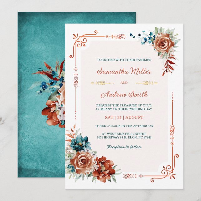 Turkos och Bränd Orange Guld Bröllopsmall Inbjudningar (Fram/baksida)
