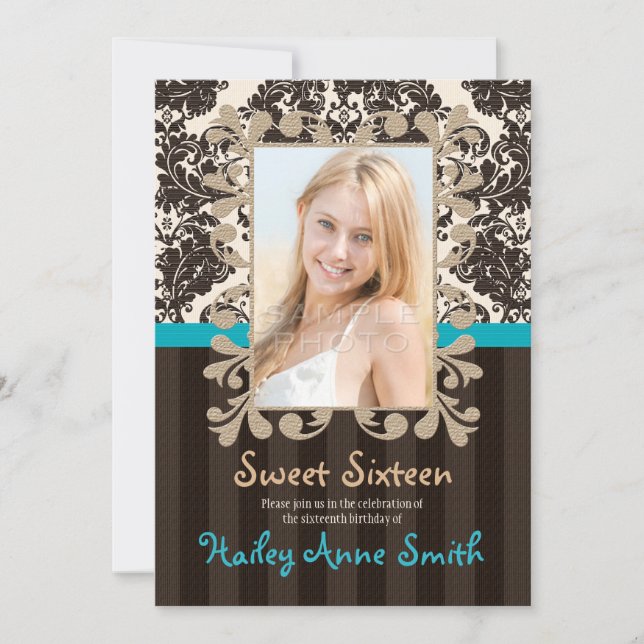 Turkos- och Brown Vintage Damask-Sweet sixteen Inbjudningar (Framsida)