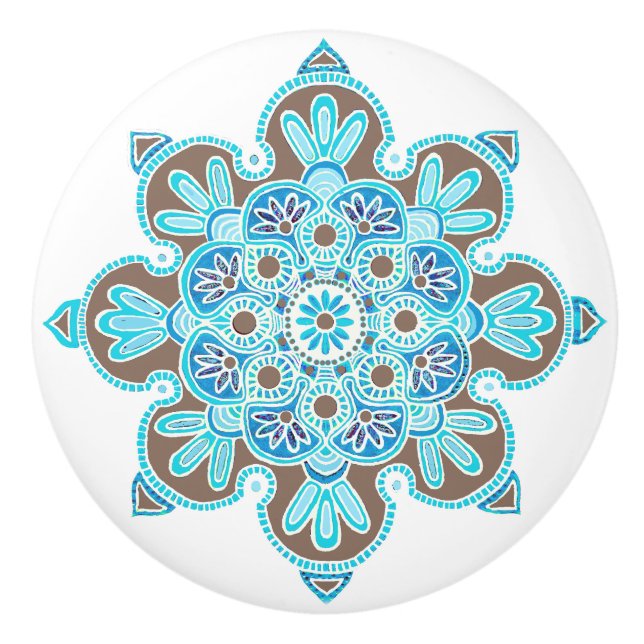 Turkos och brunmedallion Ceramic Knob Knopp (Framsidan)