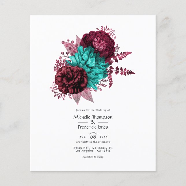 Turkos och burgunder röd blomsterbröllopsinbjudan flygblad (Framsidan)