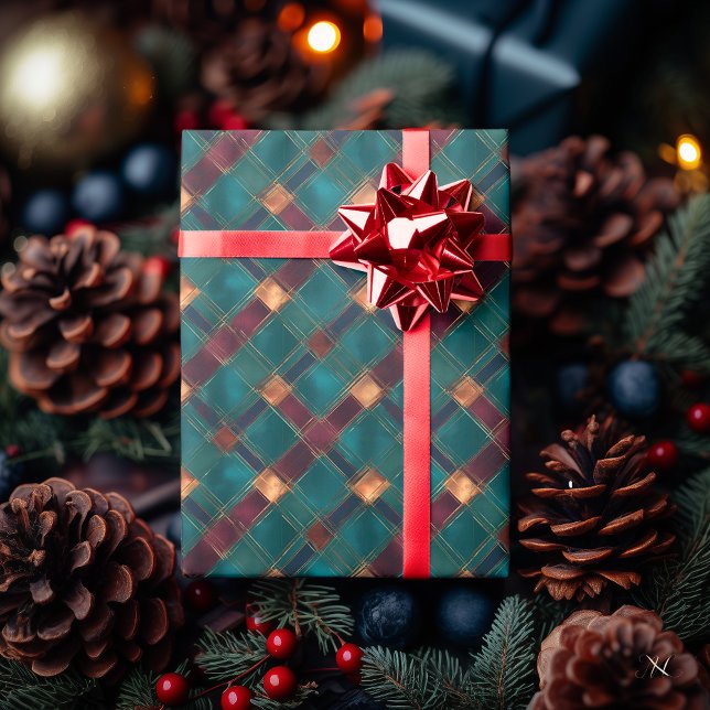 Turkos och Burgunderrutig – Elegant Julstämning Presentpapper (Skapare uppladdad)