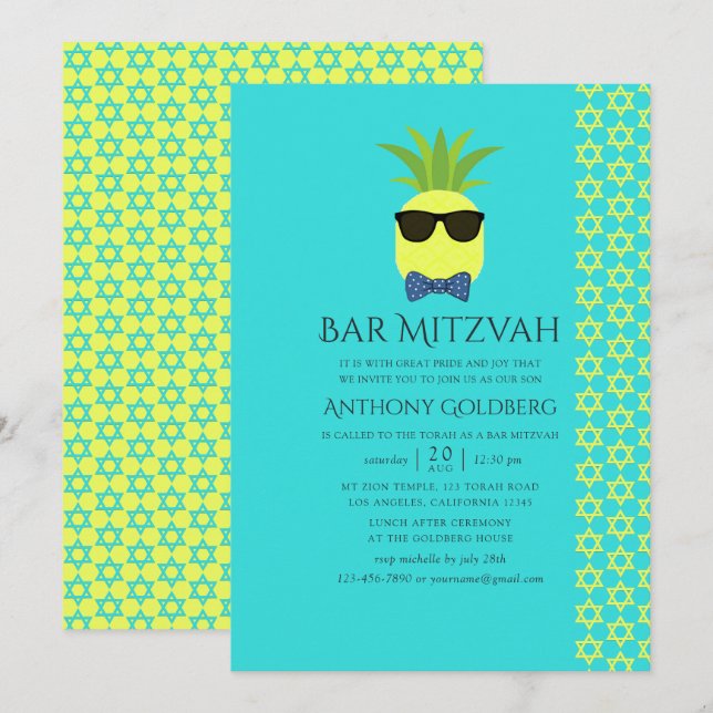 Turkos och citron Tropisk sommar Bar Mitzvah Inbjudningar (Fram/baksida)