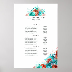 Turkos- och Coral Blommigt Pricing & Services-teck Poster