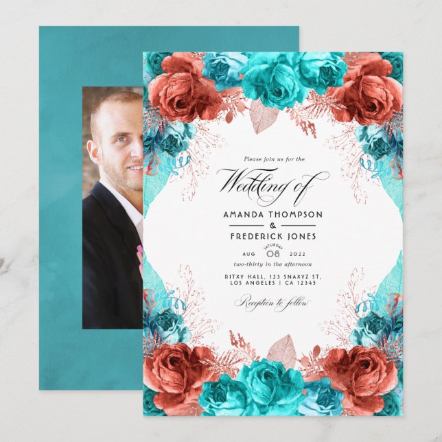 Turkos och Coral Rustic Blommigt Bröllop Photo in Inbjudningar (Fram/baksida)