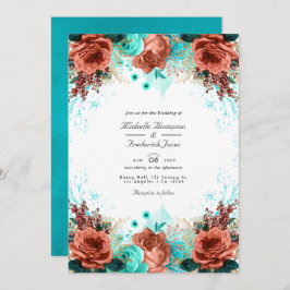 Turkos och Coral Rustic Blommigt Bröllop Photo in Inbjudningar