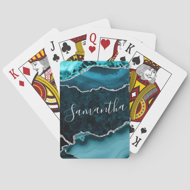 Turkos och falskt silver glittermarmor agat casinokort (Baksidan)