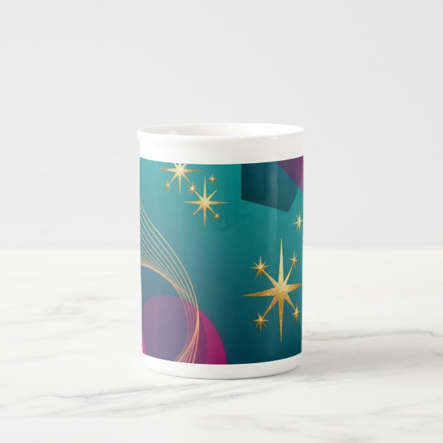 Turkos och fuchsia modern abstrakt med guldstjärno benporslin mugg (Framsidan)
