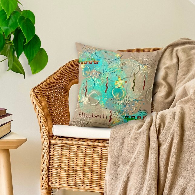 Turkos och Golden Ancient Wisdom Boho Kudde (Transform your space with the tranquil hues of our Turquoise And Golden Ancient Wisdom Throw Pillow.)