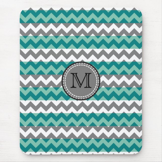 Turkos och Grå Chevron Sicksack Monogram Musmatta (Framsidan)