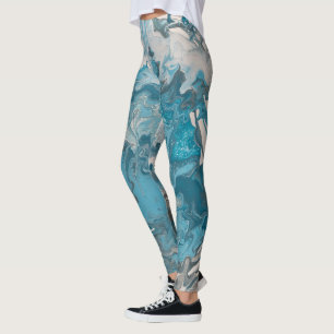 Turkos- och Grått-akryl Pour Paint Marbleized Leggings