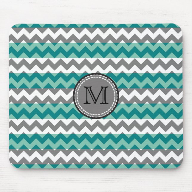 Turkos och Grått Chevron Zigzag Monogram #2 Musmatta (Framsidan)