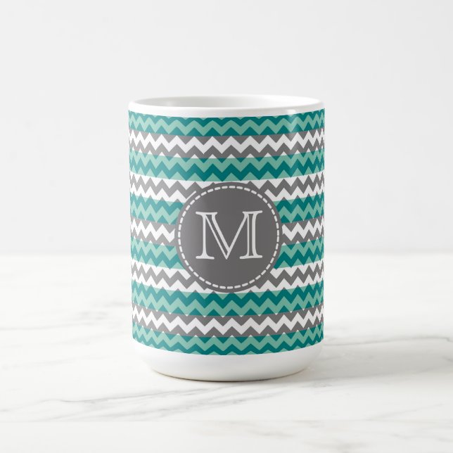 Turkos och Grått Chevron Zigzag Monogram Kaffemugg (Center)