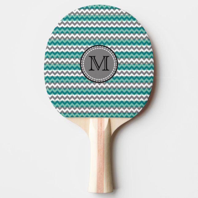 Turkos och Grått Chevron Zigzag Monogram Pingisracket (Framsidan)