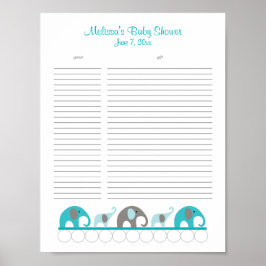 Turkos och Grått Elephants Baby Shower Gift List Poster